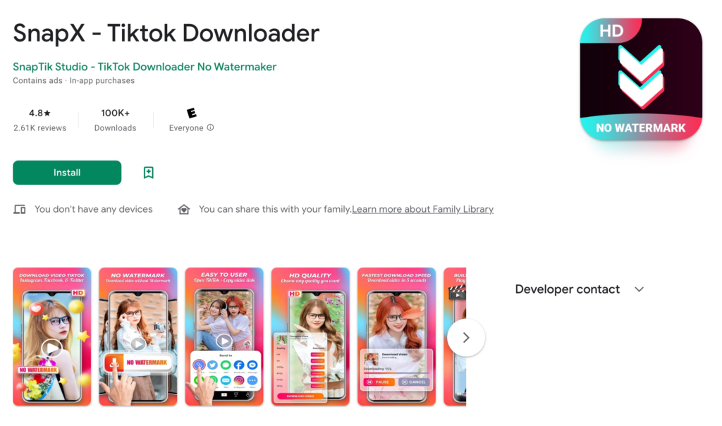 downloading the snaptik app on play store